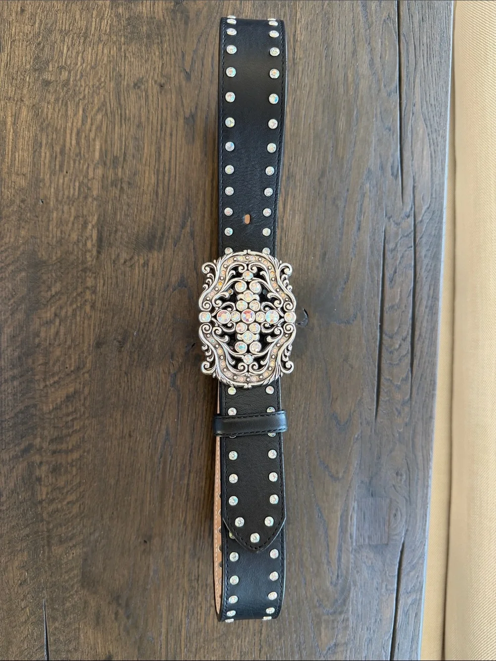 Tony Lama Studded Black Leather Belt with Ornate Rhinestone Buckle